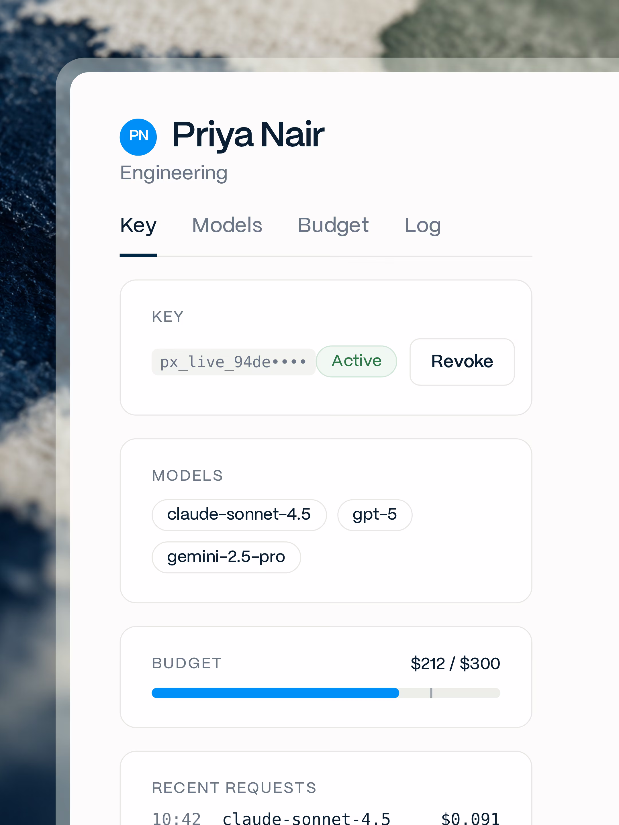 Proxen console showing a person's key, its model list, budget and request log.